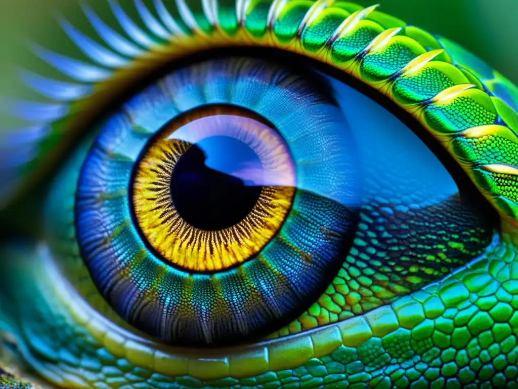 Detalle del ojo de reptil con visión ultravioleta, revelando su percepción única del mundo