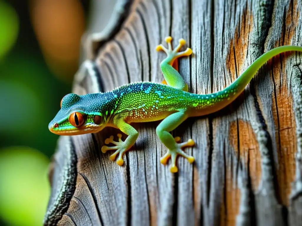 Detalle de la pata de gecko aferrándose a un tronco con técnicas de escalada