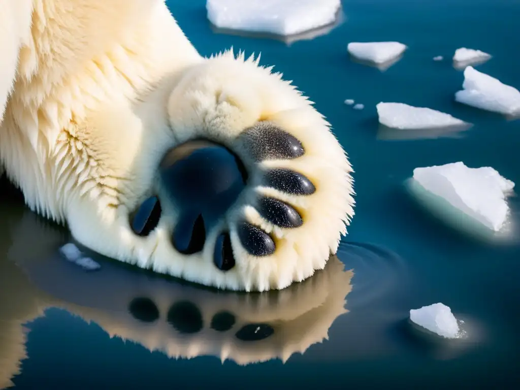 Garra de oso polar: detalle impresionante en el hielo Detalle de la pata de un oso polar sumergida en agua helada, mostrando sus adaptaciones al frío extremo