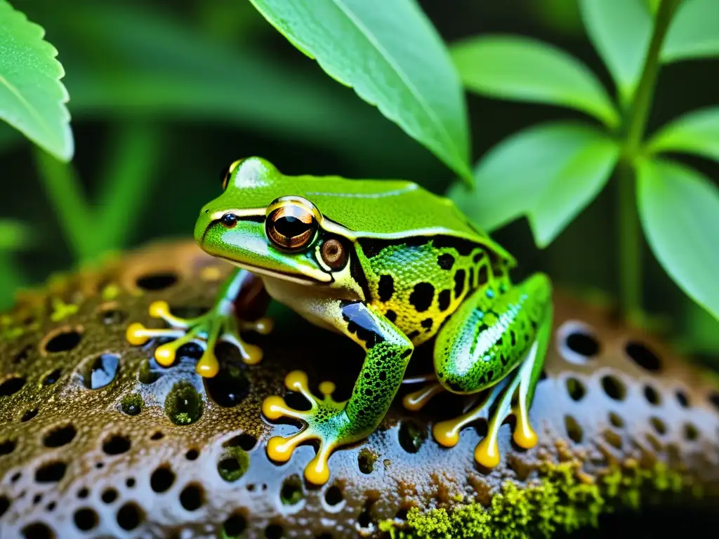 Detalle de las patas palmadas de una rana en su evolución en ecosistemas terrestres, destacando su adaptación única