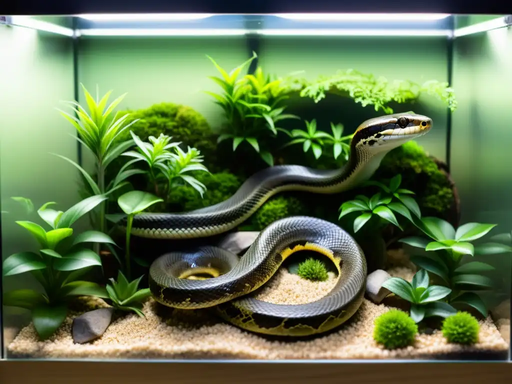 Detalle del preparativos terrario serpiente hábitat perfecto con escondites naturales, ramas de escalada y sustrato realista