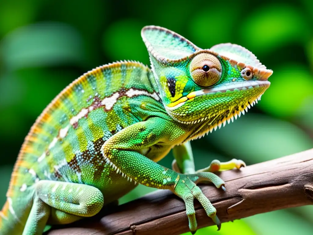 Detalle de la personalidad del reptil: un camaleón verde vibrante caza con su lengua extendida