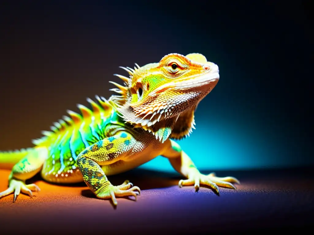 Detalle de piel de dragón barbudo bajo lámpara UV, mostrando efectos de luz UV en reptiles