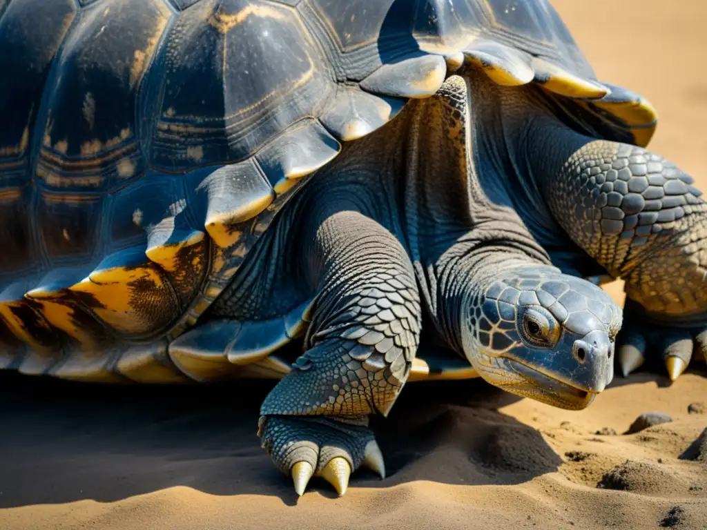 Detalle de la piel envejecida de una tortuga gigante de Galápagos, resaltando la importancia de los cuidados para la longevidad de estos animales