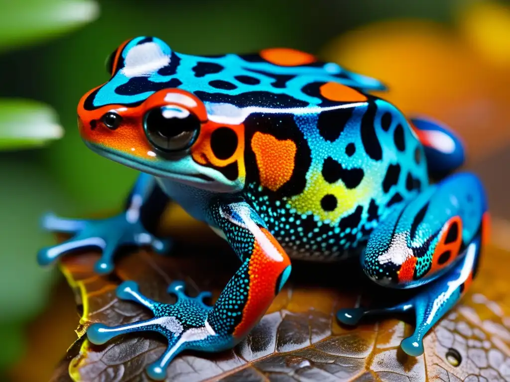 Detalle de la piel de una rana dardo venenosa, resaltando sus colores vibrantes y patrones intrincados