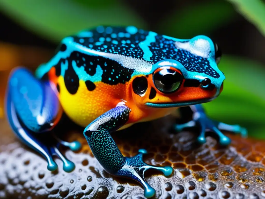 Detalle de la piel de una rana venenosa, con colores vibrantes y patrones intrincados