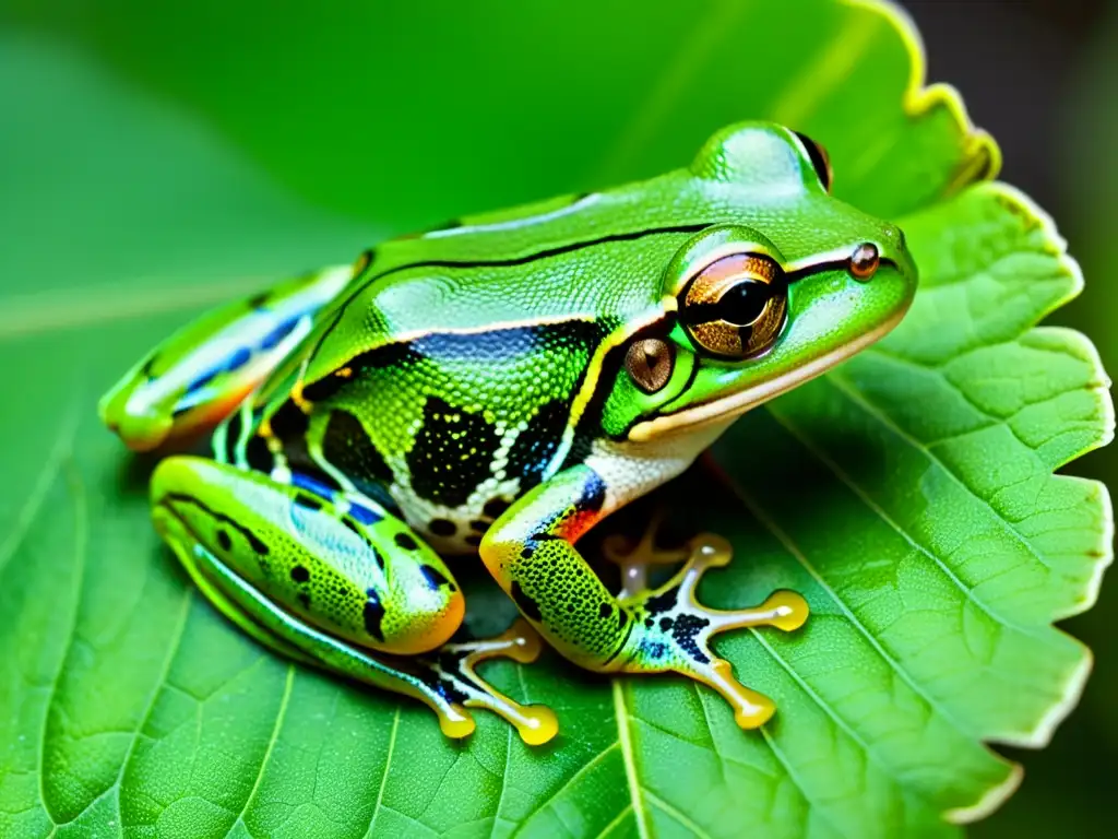 Detalle de piel de rana arborícola verde, resaltando la conservación genética en reptiles y anfibios