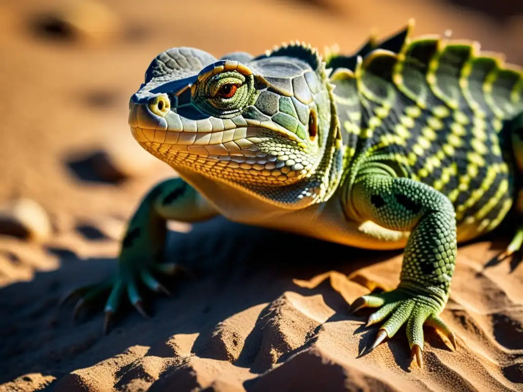 Detalle de la piel de un reptil del desierto, mostrando las estrategias de supervivencia ante la deshidratación en sus escamas y textura áspera al sol