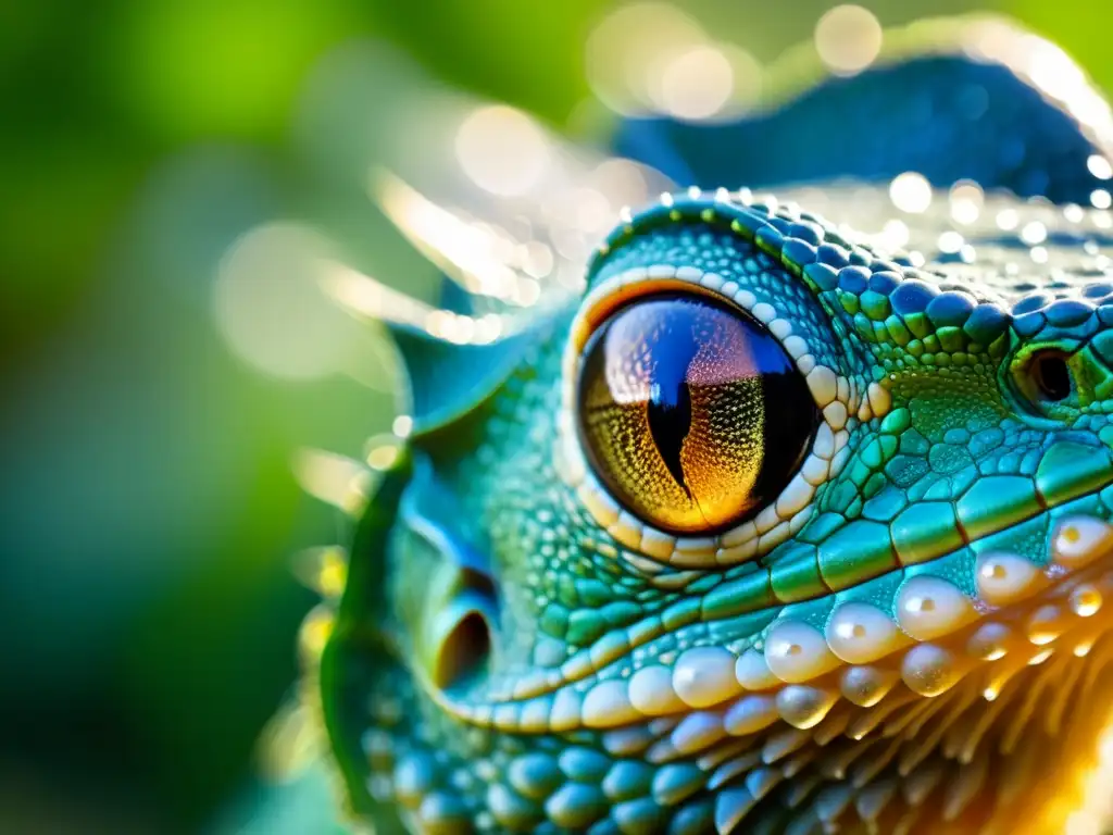 Detalle de la piel de reptil con gotas de agua, destacando la importancia de la humedad en reptiles