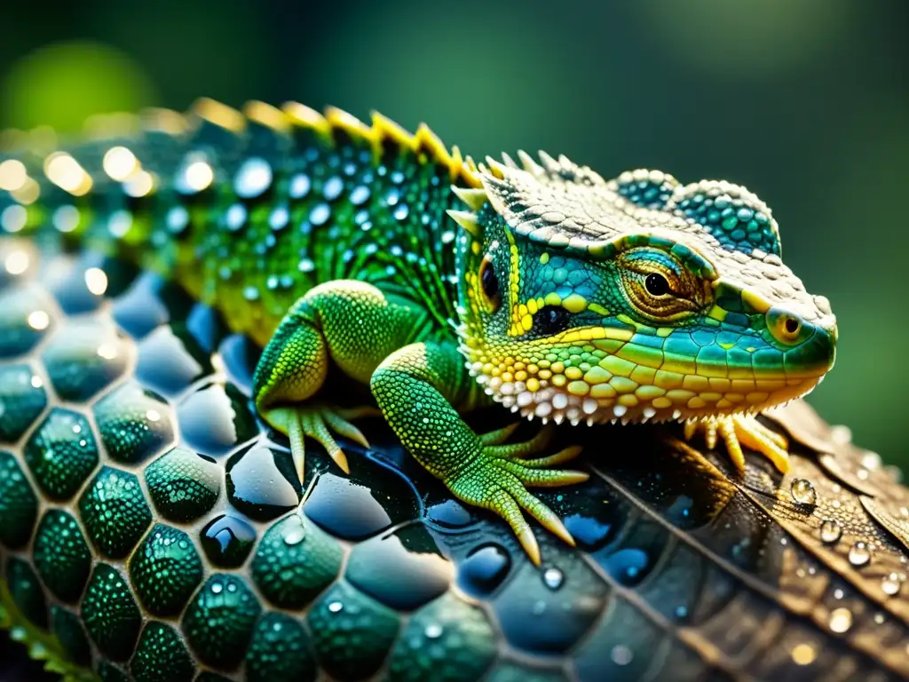 Detalle de la piel de reptil con gotas de agua, resaltando la importancia de la humedad en reptiles