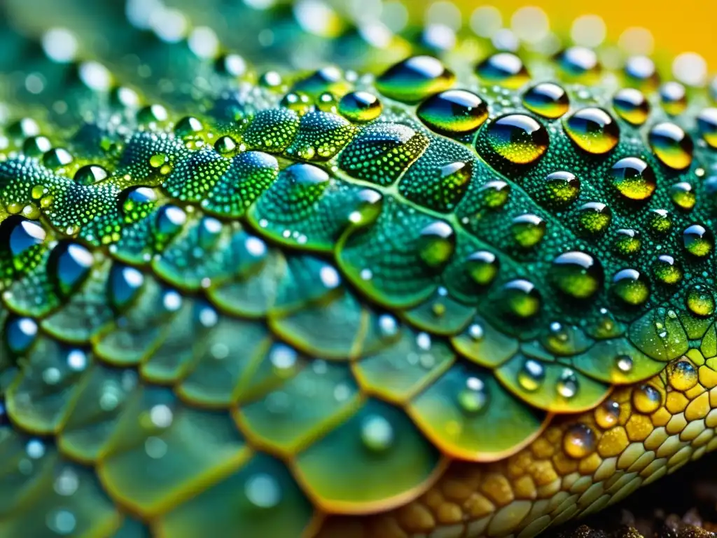 Detalle de la piel de reptil con gotas de agua, resaltando la importancia de la humedad en reptiles