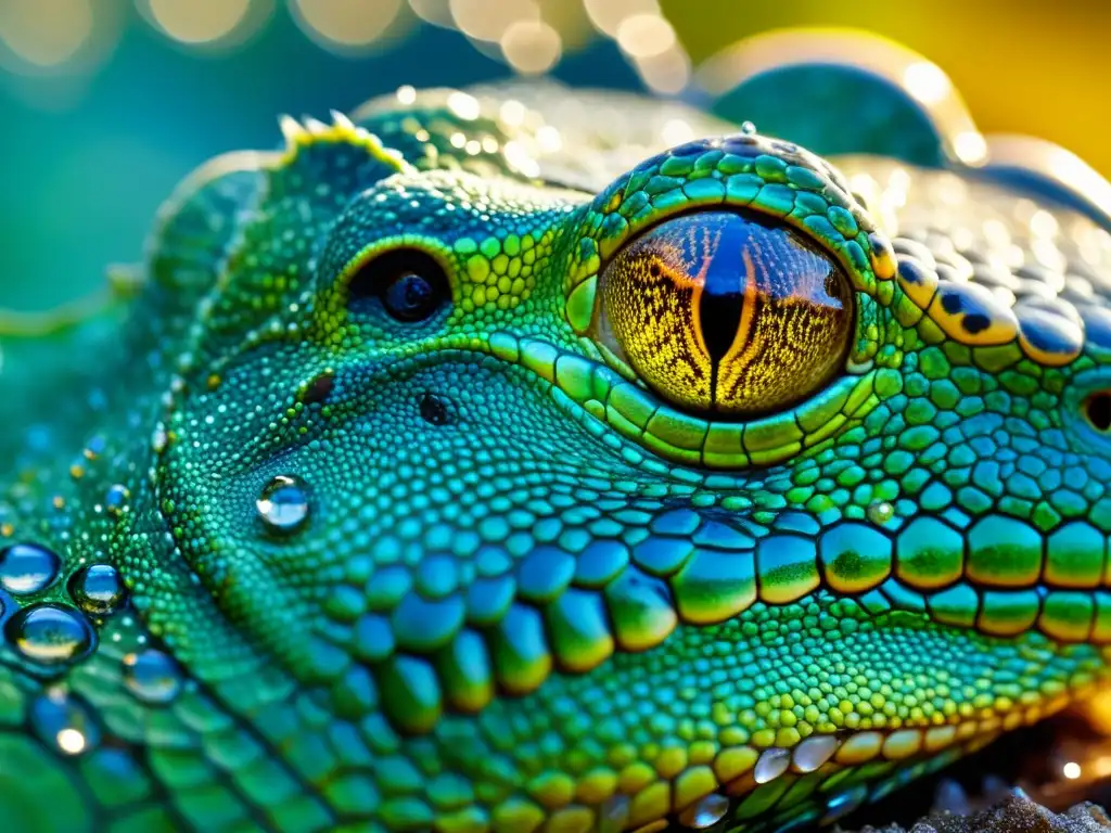 Detalle de la piel de reptil con gotas de agua, resaltando la importancia de la hidratación en reptiles