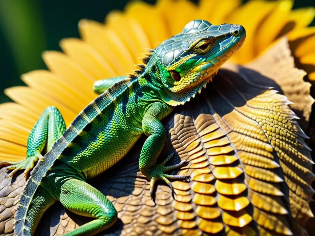 Detalle de la piel de un reptil con patrón y textura únicos, escamas definidas y colores vibrantes, en un entorno natural