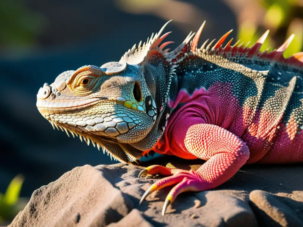 Detalle de la piel rosada y patrones intrincados de la iguana rosada de Galápagos, resaltando su belleza única y la necesidad de conservación