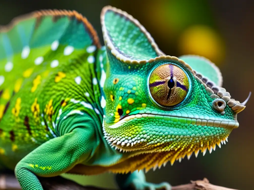 Detalle en 8K de la piel de un camaleón, con patrón y textura impresionantes en tonos verdes, amarillos y marrones