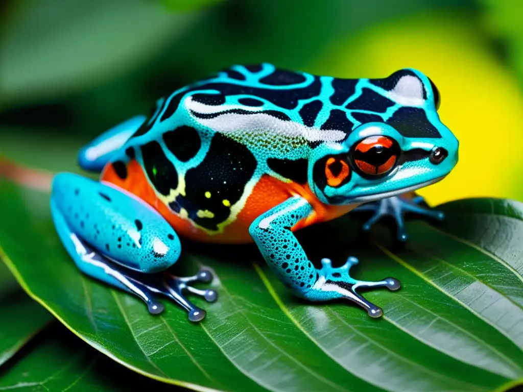 Detalle de la piel vibrante de una rana dardo venenosa resaltando sus patrones e intensos colores en una hoja verde exuberante