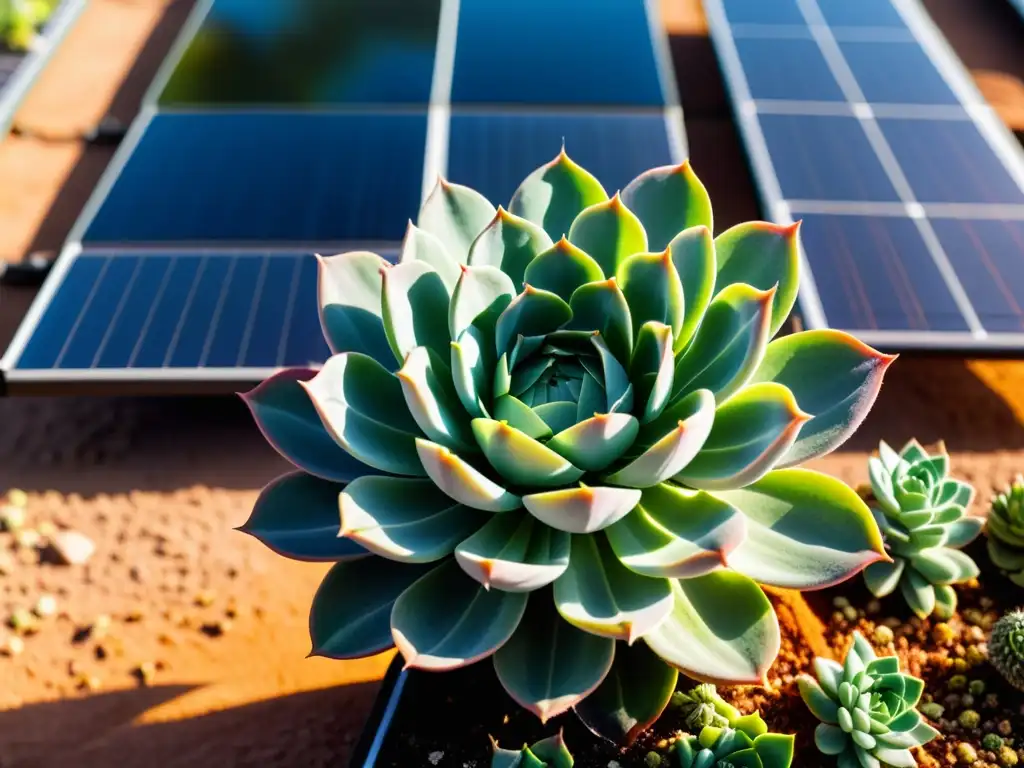 Detalle de planta suculenta verde en armonía con panel solar en terrario, destacando beneficios de energías renovables en terrarios