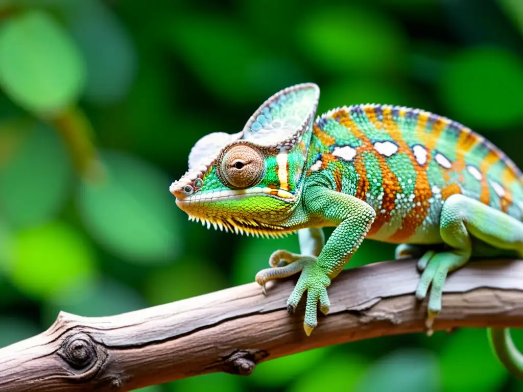 Detalle de camaleón en rama, resaltando la importancia de los reptiles en biodiversidad