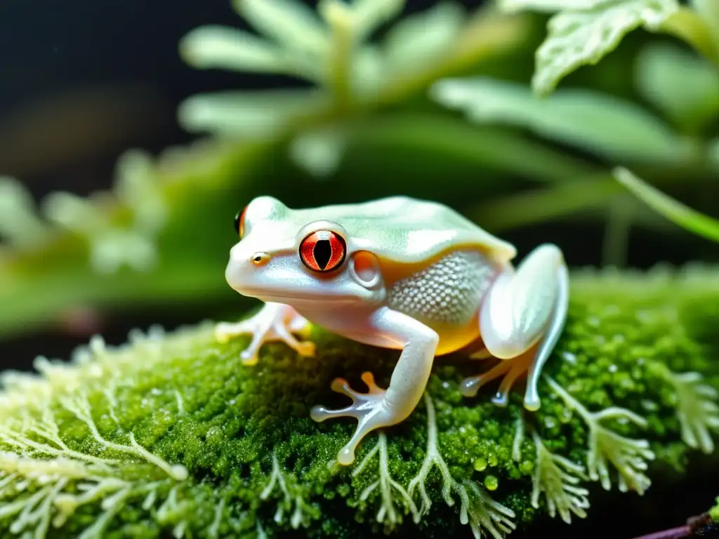 Detalle de rana albina en musgo, científicos observan genética de anfibios albinos