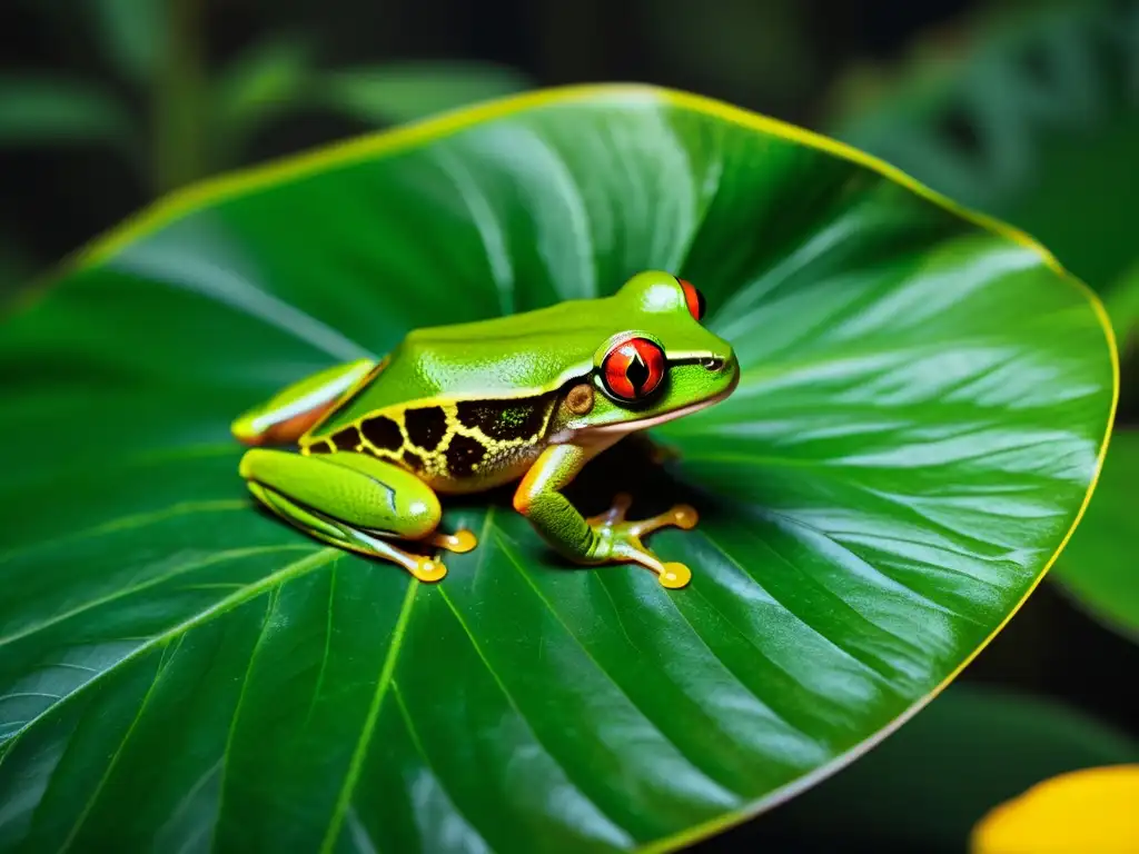 Detalle de una rana de ojos rojos en la exuberante selva, resaltando la belleza y los factores críticos conservación anfibios