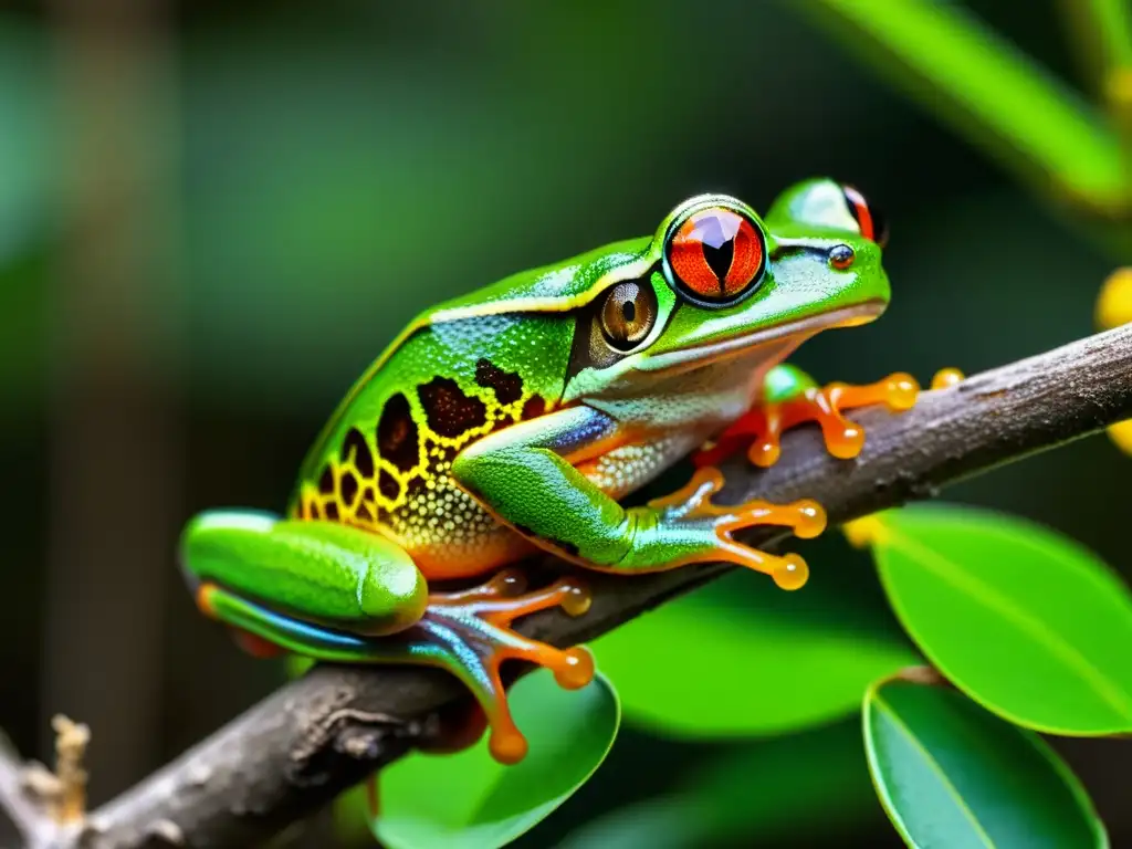 Detalle de una rana de ojos rojos en un manglar, mostrando la belleza de las especies de reptiles y anfibios manglares