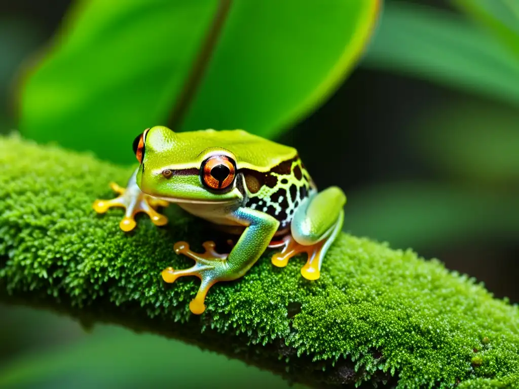 Detalle de rana arbórea en selva tropical, resalta biodiversidad y belleza de investigación de campo con drones y sensores en herpetología