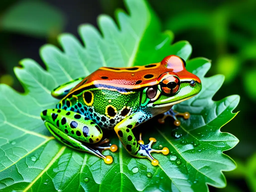 Detalle de una rana tropical en hoja con gotas de agua