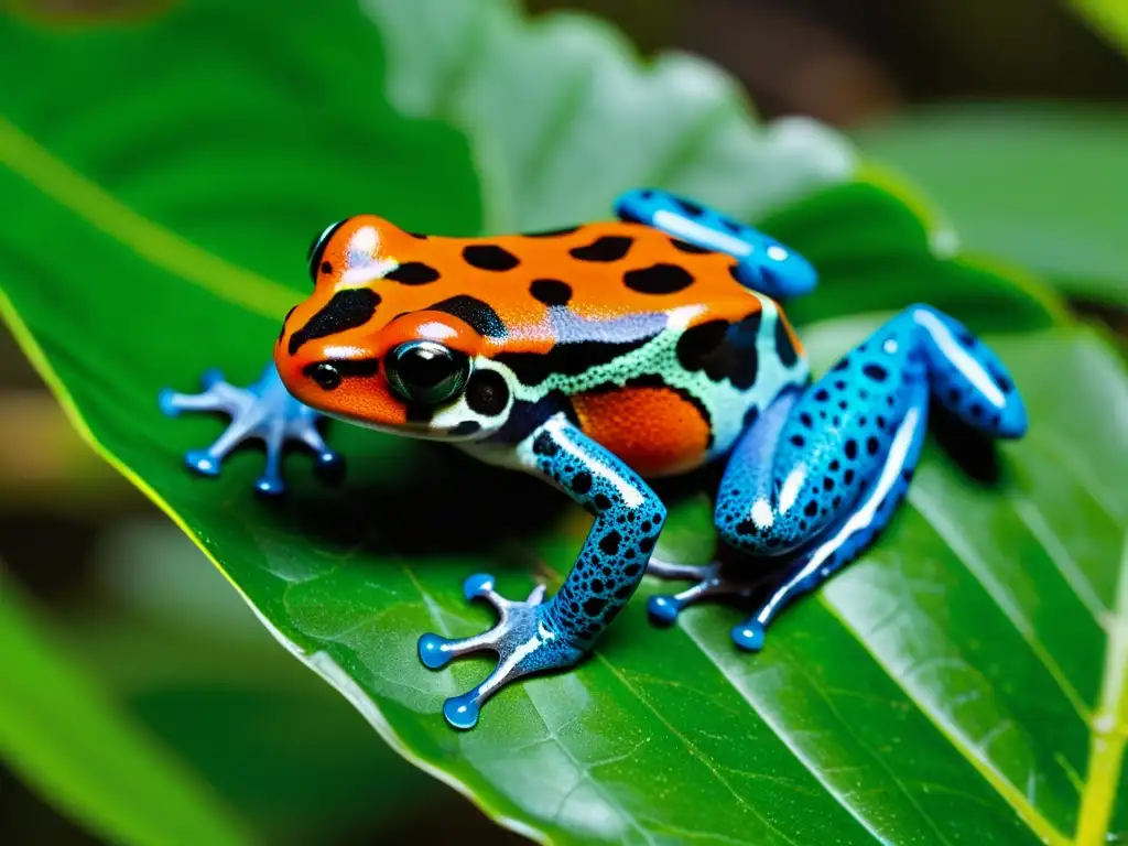 Detalle de una rana venenosa de colores vibrantes en la selva, destacando la importancia de la diversidad y la reintroducción de anfibios