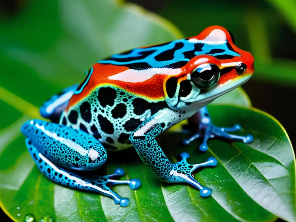 Detalle de una rana venenosa colorida en la selva, con piel brillante y ojos curiosos