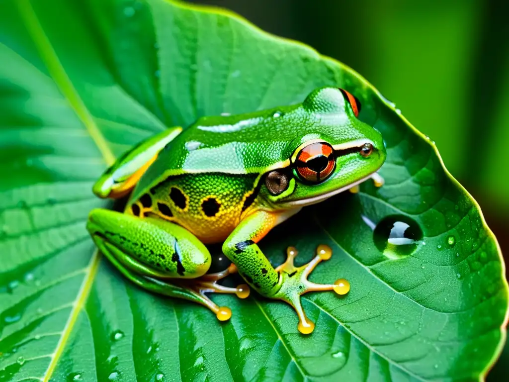 Detalle de rana arbórea verde brillante en hoja con gotas de agua, mostrando la belleza de las asociaciones simbióticas reptiles anfibios