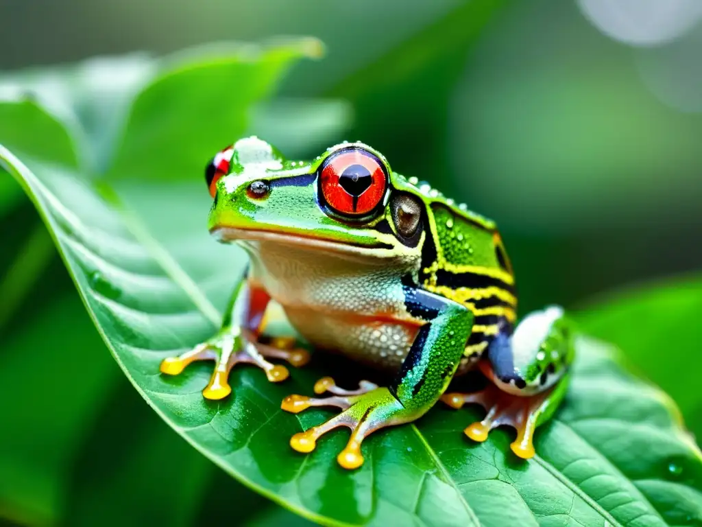 Detalle de rana verde sobre hoja húmeda con gotas de agua, evocando vínculo deidades lluvia anfibios Mesoamérica