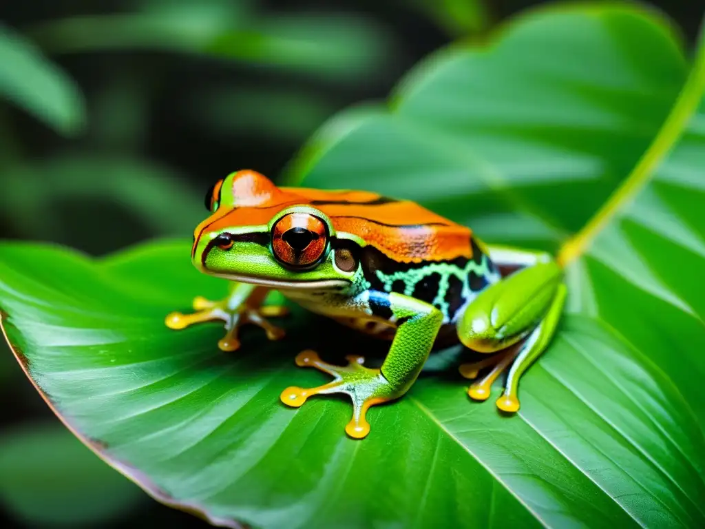 Detalle de una rana arbórea verde en la selva, destacando sus patrones y texturas