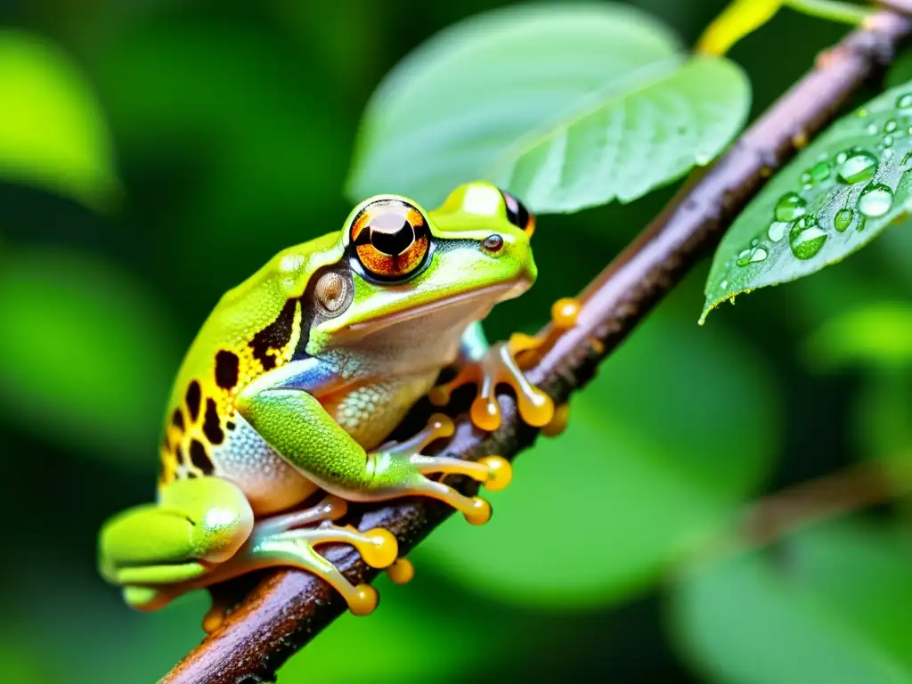 Detalle de una rana arbórea verde vibrante en su hábitat único en la selva tropical, mostrando la red de venas en su piel translúcida