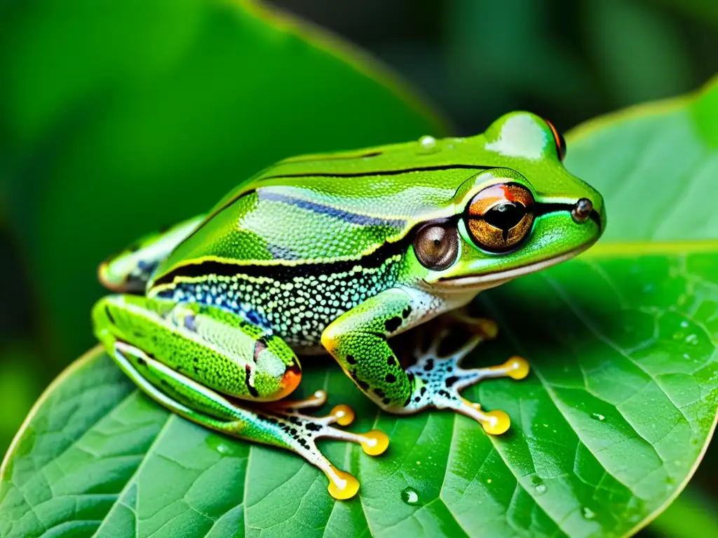 Detalle de una rana arbórea verde vibrante en la selva tropical, resaltando sus patrones y texturas