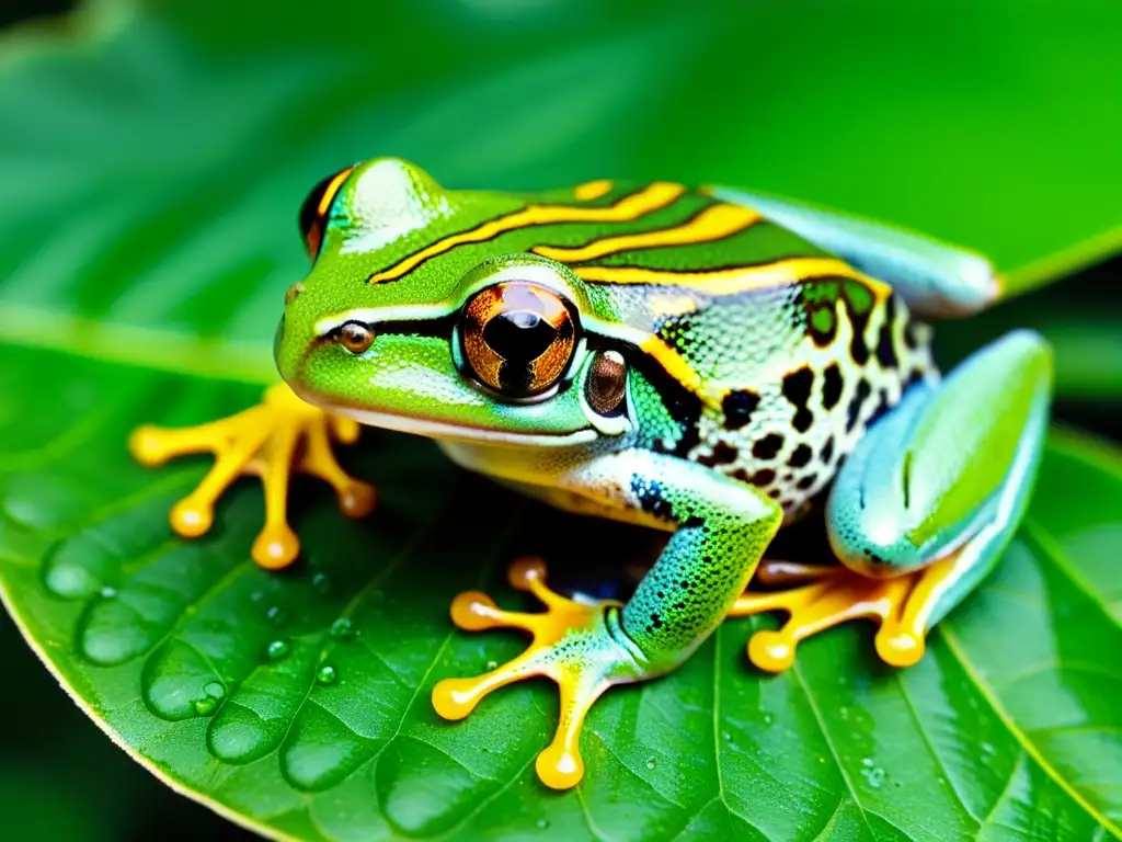 Detalle de una rana arbórea verde vibrante en su hábitat natural tropical