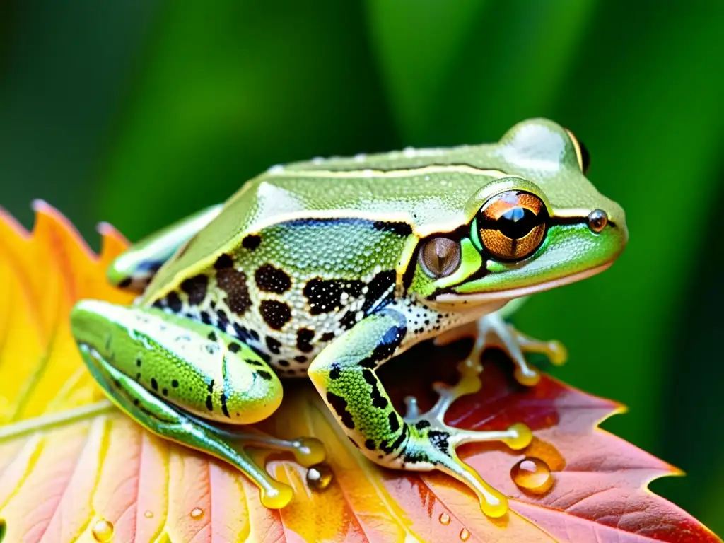 Detalle de una rana arbórea verde vibrante en una hoja, con gotas de agua y un entorno tropical