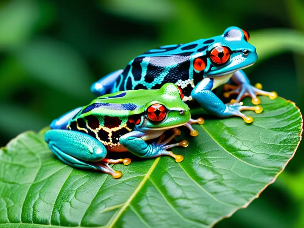 Detalle de dos ranas arbóreas en apareamiento, con patrones de piel rojos y azules destacando en el verde exuberante