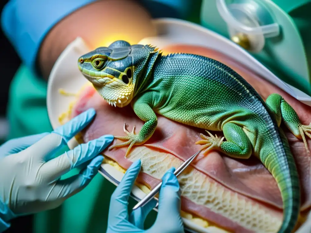 Detalle de la reparación de hernias en reptiles, mostrando la incisión quirúrgica con suturas y cuidados postoperatorios