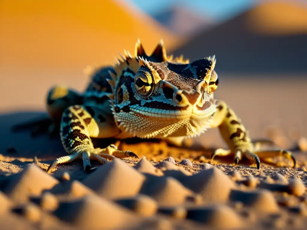 Detalle de reptil adaptado en desierto, con escamas y patrones en la arena