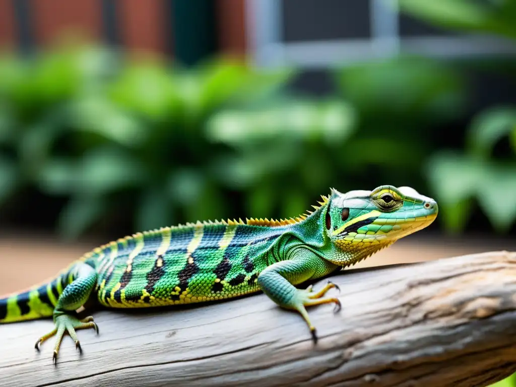 Detalle de reptil camuflado en entorno urbano, mostrando adaptación de reptiles a zonas urbanas