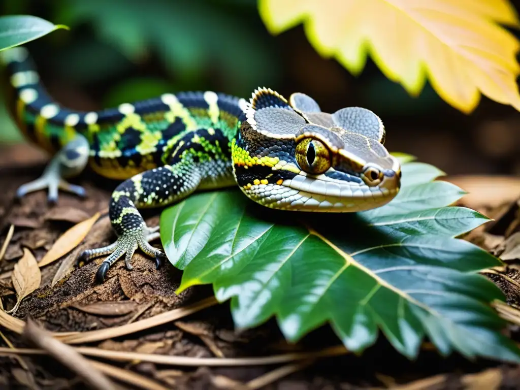 Reptil nativo camuflado entre la selva: detalle asombroso Detalle de reptil camuflado entre las hojas del bosque
