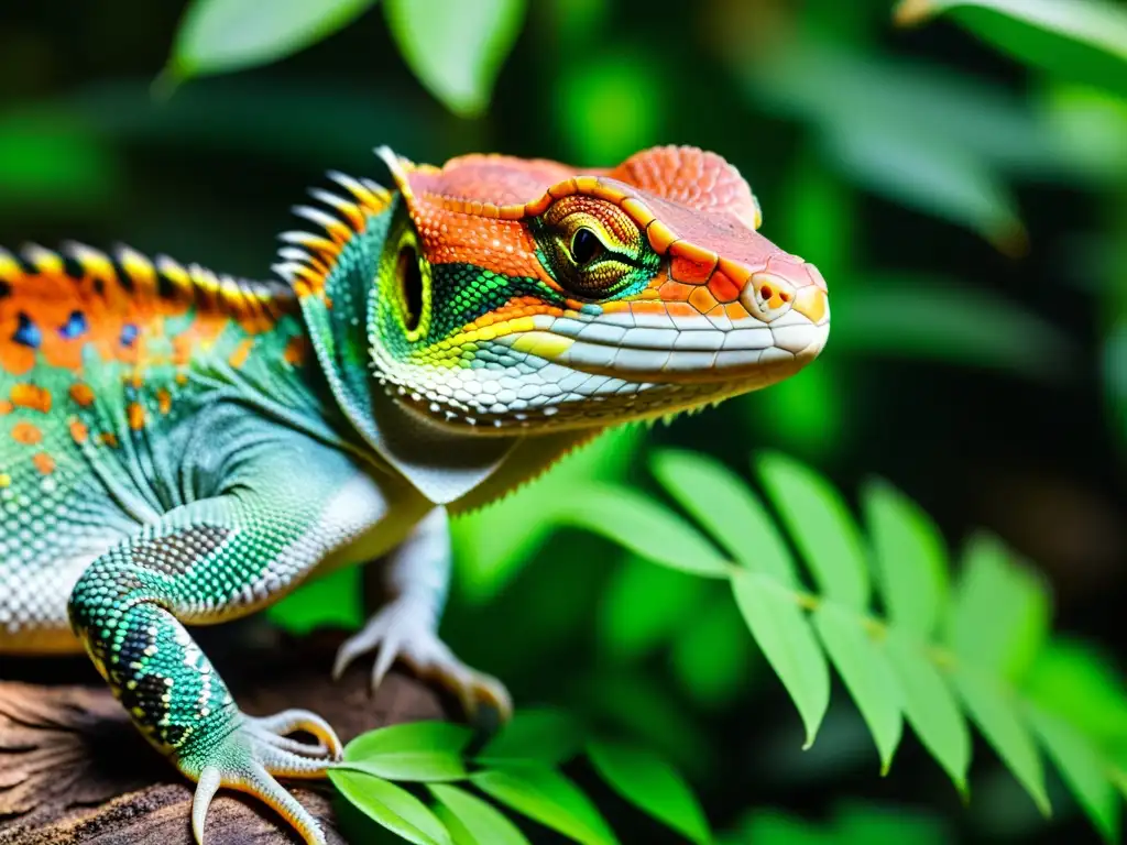 Detalle de un reptil criptico recién descubierto en su hábitat natural, mostrando sus intrincadas escamas, colores vibrantes y marcas únicas