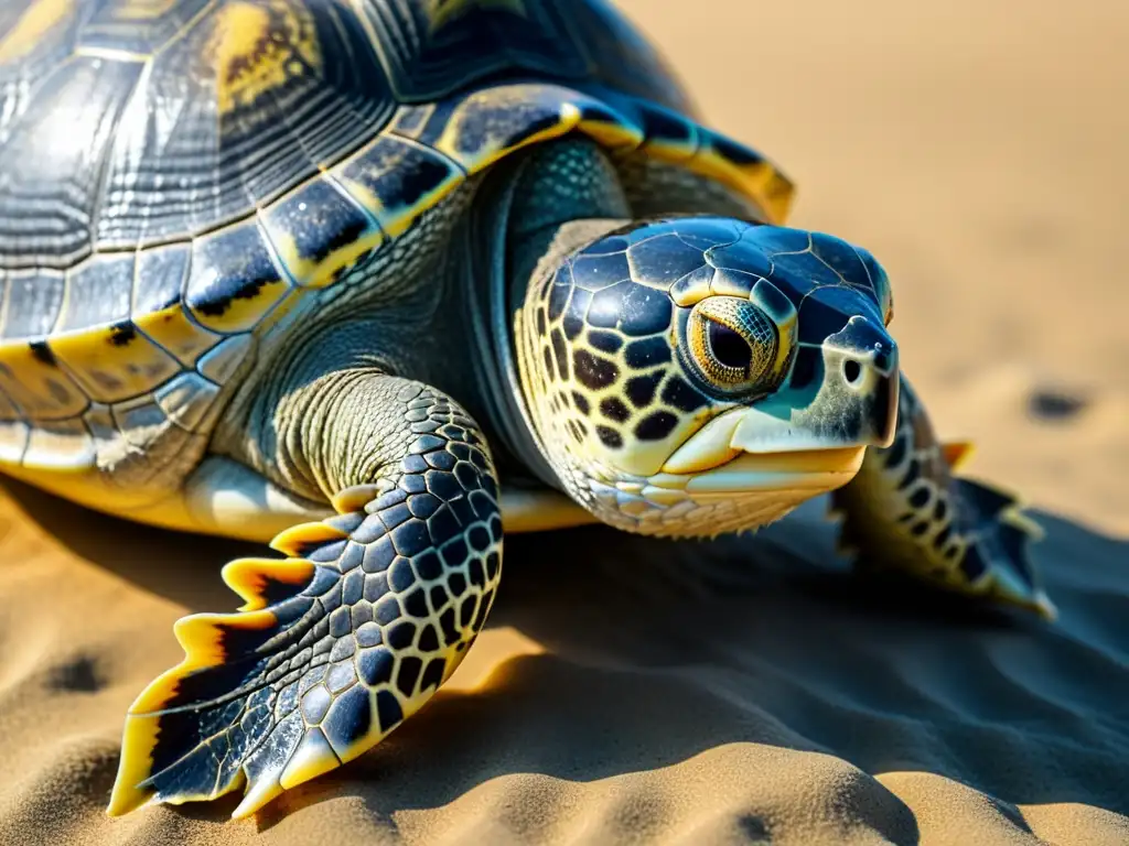 Detalle de reptil en peligro de extinción en su hábitat natural, destacando sus patrones y la intensidad de su mirada