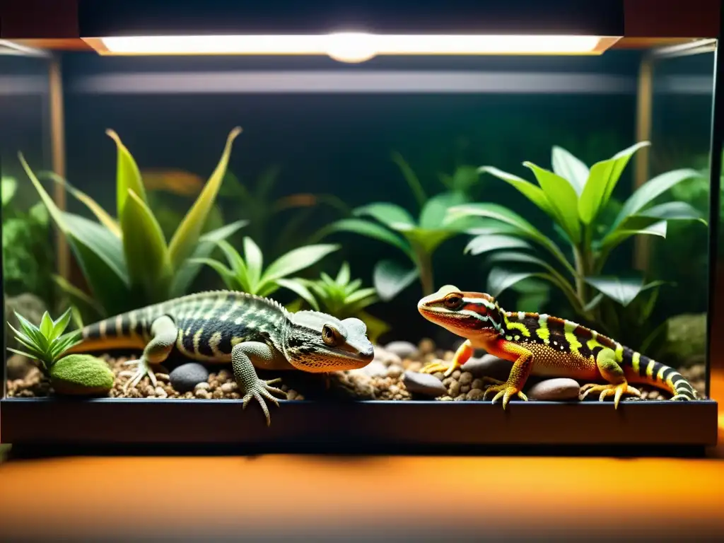 Detalle de reptiles bajo lámpara de calor en terrario, simulando hábitat natural