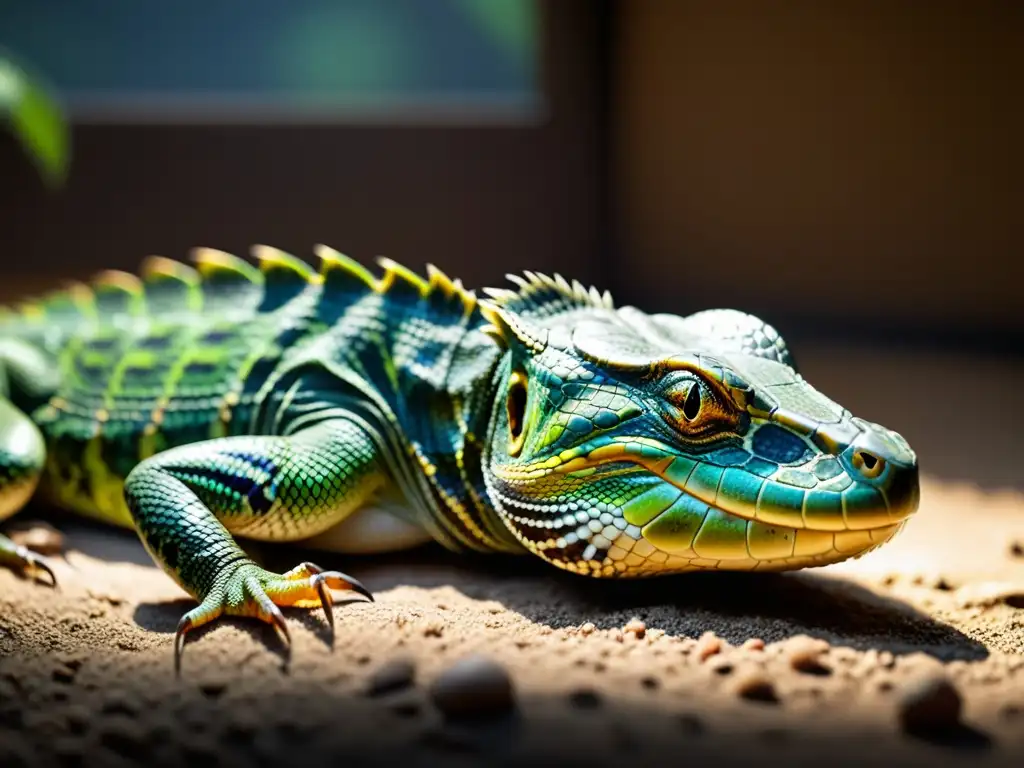 Detalle de la alimentación de reptiles en cautiverio: intrincadas escamas, textura de la presa y entorno auténtico