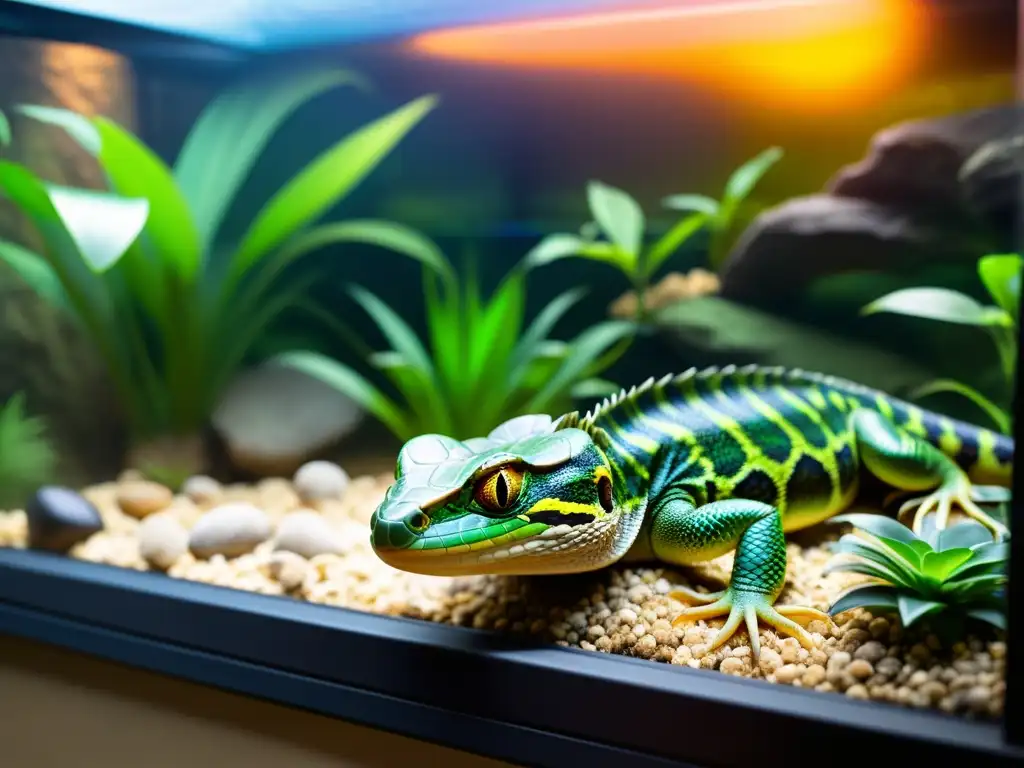 Detalle de tecnología biomimética para reptiles en cautividad: hábitat realista con rocas, luz artificial y control de temperatura y humedad