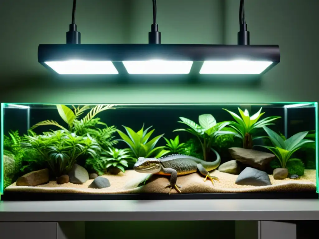 Detalle de hábitat de reptiles iluminado con LED, mostrando el impacto de la iluminación LED en reptiles y su entorno