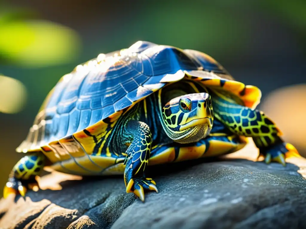 Detalle de tortuga orejas rojas disfrutando del sol en un entorno natural, resaltando los beneficios de la luz solar para tortugas