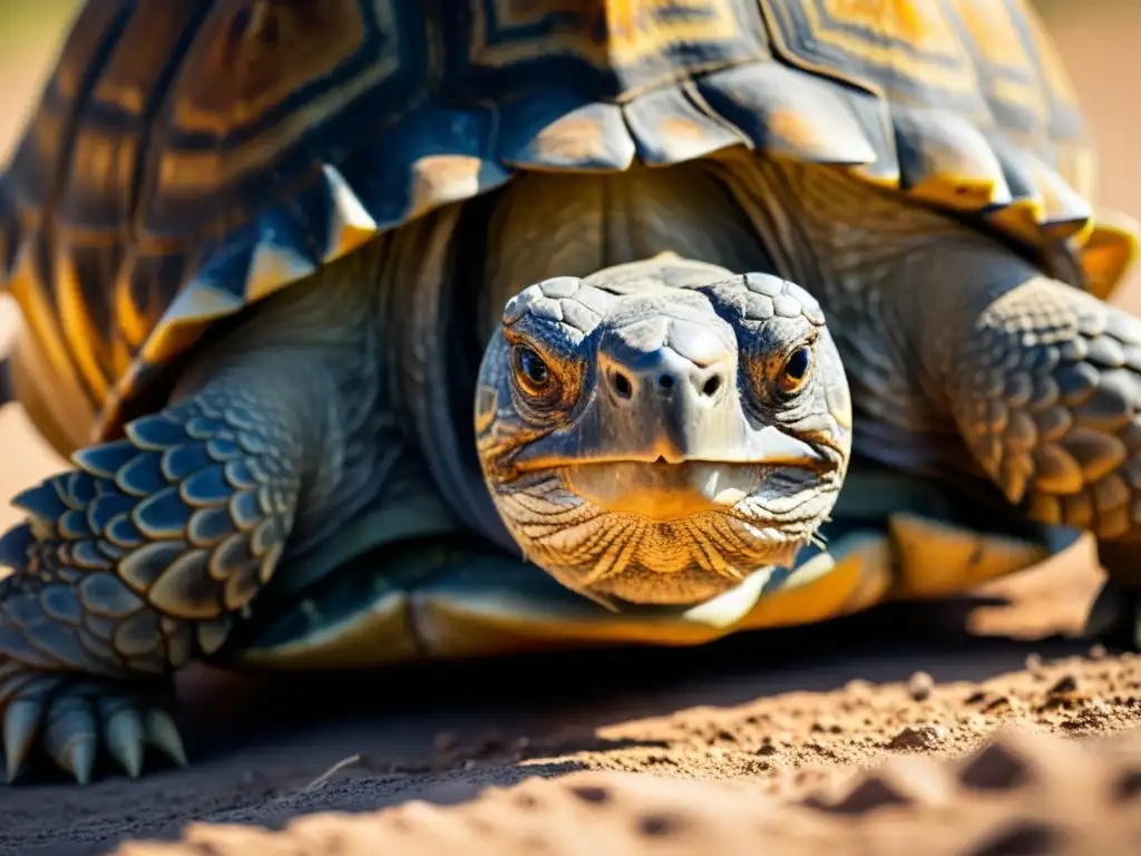 Detalle de la sabiduría en los ojos y escamas envejecidas de una tortuga, bañada por la cálida luz del sol