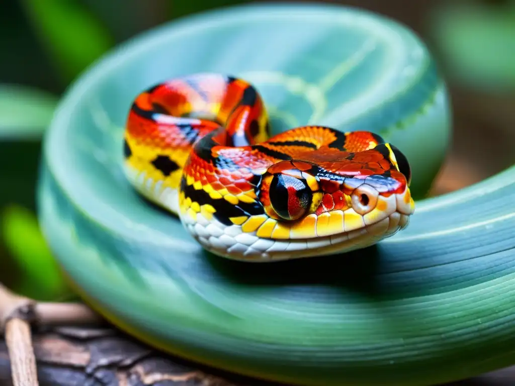 Detalle de una serpiente de maíz adaptándose a su entorno, con patrones y colores vibrantes en sus escamas, enroscada alrededor de una rama de árbol